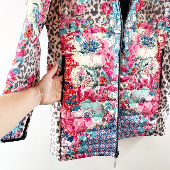 Johnny Was Lubello Reversible Full Zip Leopard Floral Puffer Jacket Black Large - Picture 11 of 13